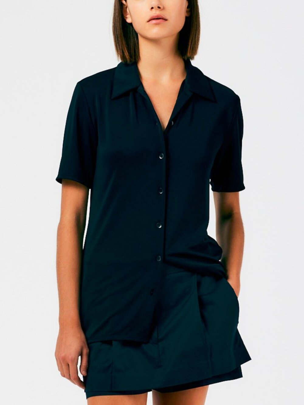 Tibi Navy Harlow Jersey Slim Short Sleeve Shirt